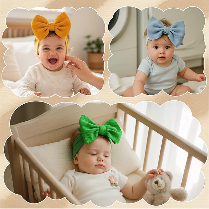 Baby Bow Headbands 3 Pcs Baby Girl Headbands with Bows Soft Nylon Green/Yellow/Blue Headband Bows for Baby Girls, Newborns, Infants
