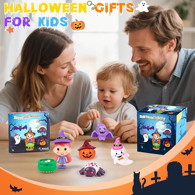 Halloween Light Up Bath Toys for Toddlers Kids, 7PCS No Hole Bath Toys with Magic Book, Witch,Cauldron,Bat, Ghost, Pumpkin, Spider, Halloween Party Favors Treat Bags Gift for Boys Girls Ages 3+