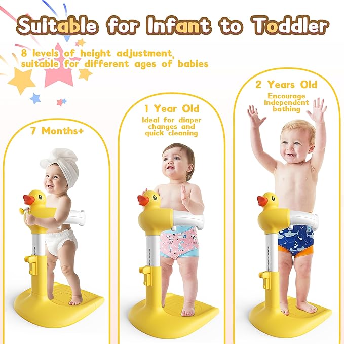 JUNEU Baby Shower Stand, Adjustable Height Baby Bath Stand with Enlarged Anti-Slip Base, Toddler Shower Standing Support, Soporte para Bañera de Bebe, Ideal Gift for Infant 6–36 Months (Yellow Duck)