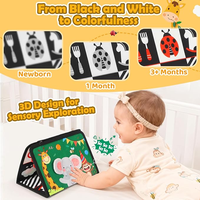 BBWOO Tummy Time Toys, High Contrast Baby Toys for Newborn, Baby Visual Stimulation Mirror, Montessori Crinkle Book for Infant 0-3-6-12 Months, Boy Girl Shower Gift, Easter Basket Stuffers
