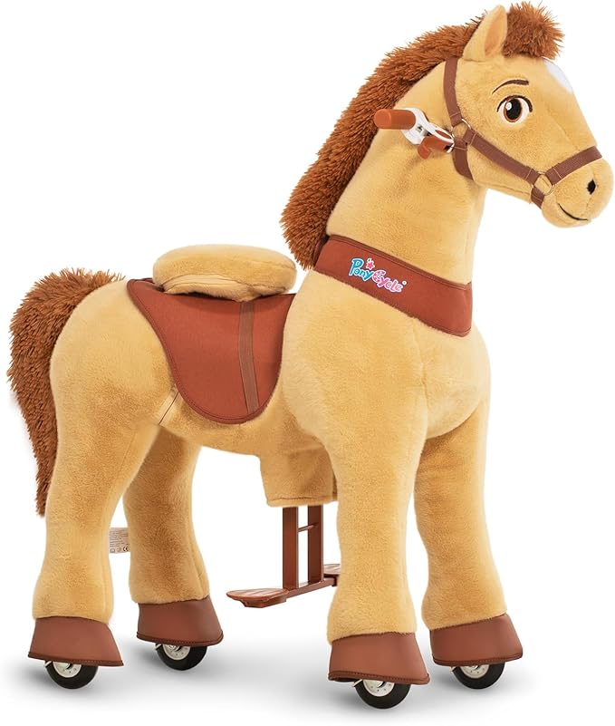 PonyCycle Plush Interactive Riding Horse Kids Ride on Toy Ride on Horse Walking Horse, Essential Model E Size 4 for Age 4-7, No Electricity with Wheels, Giddy up Riding Toys Pony Light Brown E436