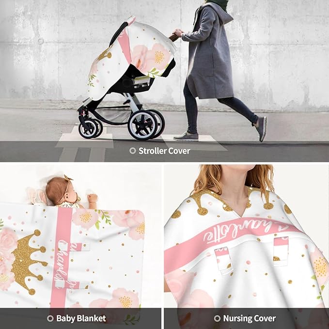 Custom Name Nursing Cover – Crown with Flower Baby Car Seat Canopy, Stroller Cover, Baby Minky Blanket – Personalized Newborn Shower Gift for Infant Girls & New Moms