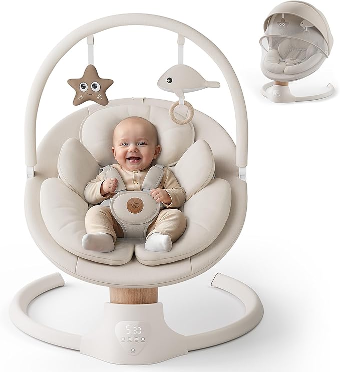 Baby Swings for Infants, FasonBaby Electric Baby Swing with Music Speaker, 5 Speeds, Remote Control and Bluetooth - Portable Infant Swing for Indoor and Outdoor (Beige)