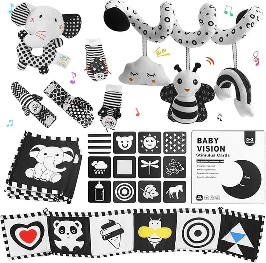 High Contrast Baby Toys for Newborn, Black and White Baby Toys, Newborn Toys 3 Months Brain Development with Car Seat Toys Hanging Rattle Toys (Classic Edition)