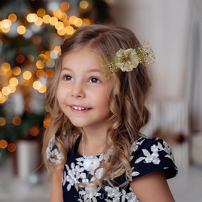 Baby Girls Floral Hair Bows Clips, 3Pcs Glitter Gold Flower Hair Barrettes Alligator Clips, Hair Accessories for Toddlers Kids Teens
