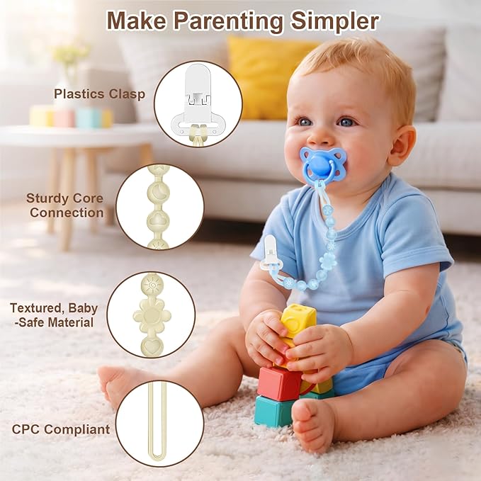 Silicone Pacifier Clip Holder with One-Piece Beads, 4 Packs Soft Flexible and Rust-Free Binky Pacifiers Clips for Teething Relief Baby Essentials Accessories, Safe for Boy and Girl