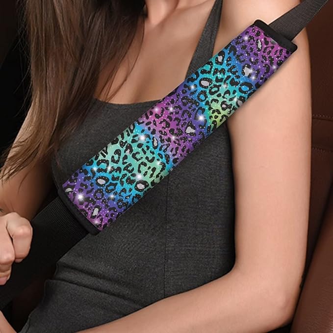 UNICEU Glitter Rainbow Leopard Car Seat Belt Pads Auto Interior Accessories Neoprene Comfort Car Seatbelt Shoulder Strap Pads Set of 2
