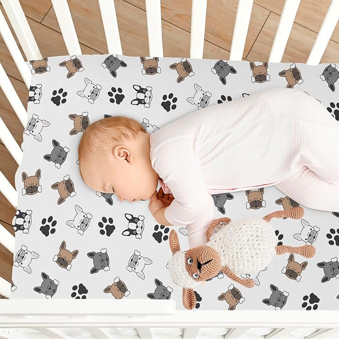 Fitted Crib Sheets Dog French Bulldog Pug Dog Paw Stretchy Portable Playard Sheets for Baby Toddler, Breathable Soft Mini Crib Mattress 39 x 27 in for Boys and Girls