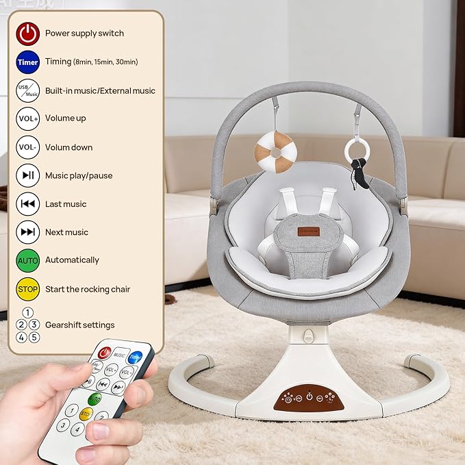 Baby Swings for Infants to Toddler, Electric Baby Swing with Remote, 5 Speeds, Bluetooth & Safety Lock for Newborns up to 20 lbs (Gray)