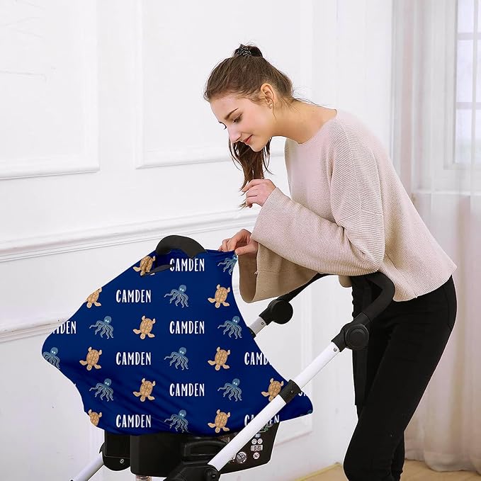 Personalised 7 in 1 Car Seat Cover for Girls and Boys - Multipurpose Breast Feeding Cover, Blue Turtle Print Nursing Cover, Grocery Cart Cover - Birthday Gift for Babies(27"x29")