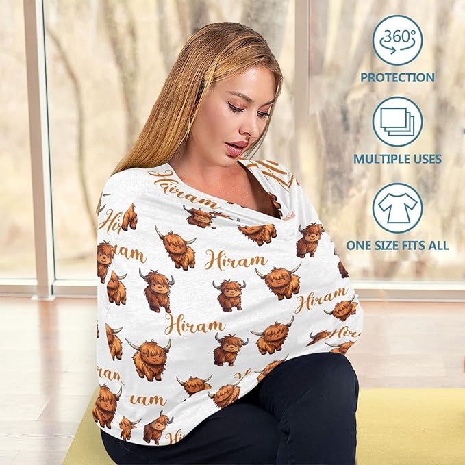 Personalized Multi Use Baby Car Seat Cover with Name, Customized Cute Highland Cow Baby Carseat Cover for Boys Girls, Nursing Cover Breastfeeding Scarf Stroller Canopy for Newborn Infant