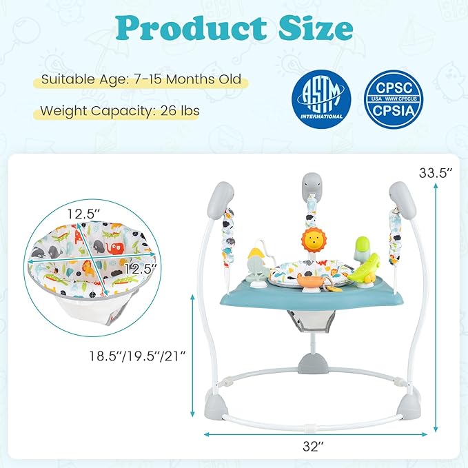 BABY JOY Baby Activity Center, Baby Jumpers and Bouncers with Music, 360° Rotating Seat, 3 Adjustable Heights, Montessori-Inspired Activity Center for Baby 7-15 Months (Baby Blue)