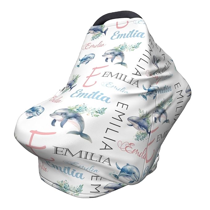 Personalized Baby Car Seat Cover with Name Stroller Canopy Custom Whale Carseat Cover Newborn Baby Boy Girl Nursing Cover for Moms First Birthday Gift