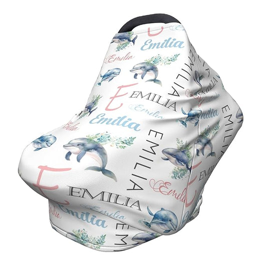 Personalized Baby Car Seat Cover with Name Stroller Canopy Custom Whale Carseat Cover Newborn Baby Boy Girl Nursing Cover for Moms First Birthday Gift