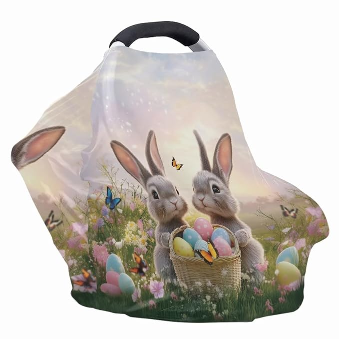 Wanyint Easter Rabbit Eggs Garden Stretchy Nursing Scarf Car Seat Canopy Baby Car Seat Cover, Baby Breastfeeding Stroller High Chair Shopping Cart Cover for Boys Girls