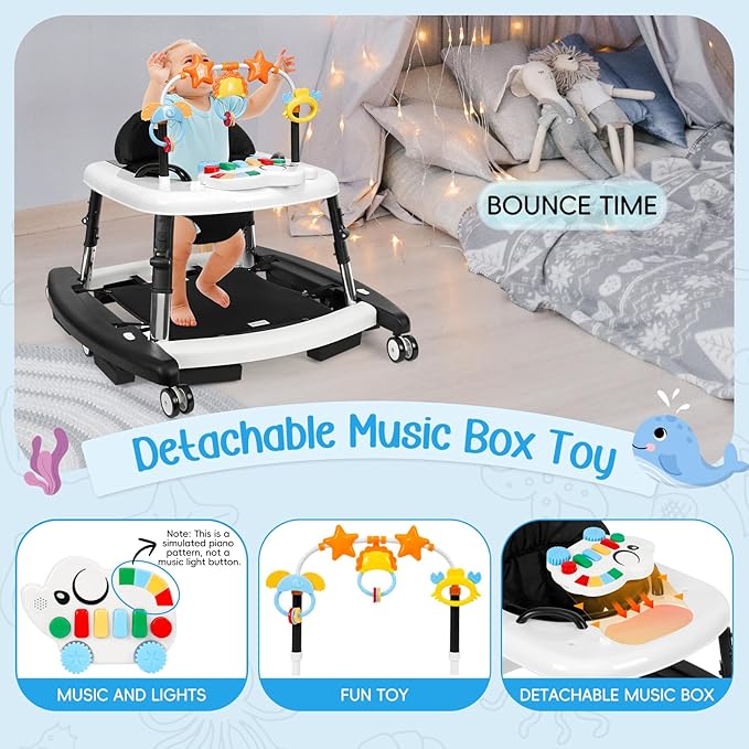 5 in 1 Baby Walker Foldable Music and Lights with 5 Adjustable Heights, Baby Walker with Wheels Portable, Infant Toddler Walker for Baby Boy Girls 6-18 Months (Black)