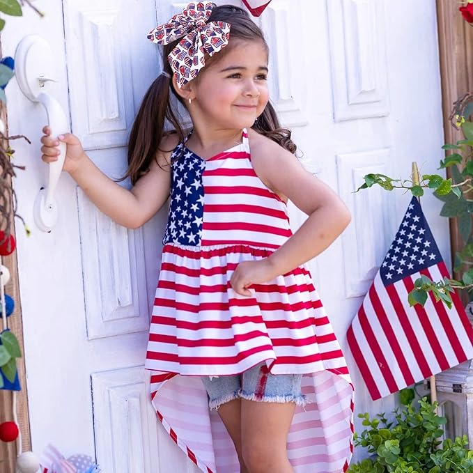 4th of July Hair Bows for Girls, Large Patriotic Fable Bow Handmade American Flag Hair Clips Independence Day Hair Accessories for Little Girls Toddlers Kids (Pattern A)