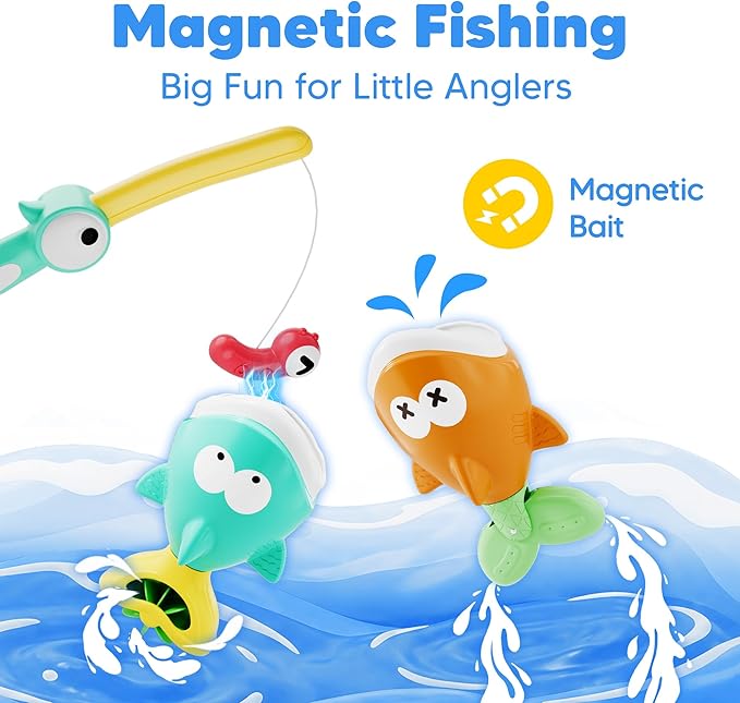 iPlay, iLearn Baby Fishing Bath Toy, Toddler Bathtub Magnetic Fishing Game W/Pole Net Fish Water Squirt Animal, Kid Shower Bathtime for Pool Play, Birthday Gift 6 12 18 Month 1 2 3 Year Old Boys Girls