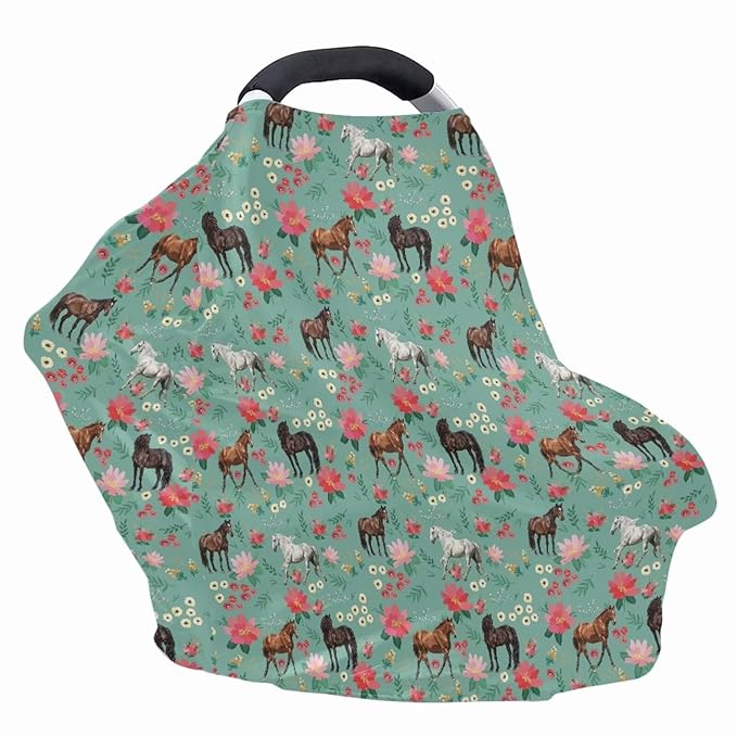Car Seat Canopy for Baby Girls, Horse Print Nursing Cover Elastic Breastfeeding Cover Soft Car Infant Seat Cover