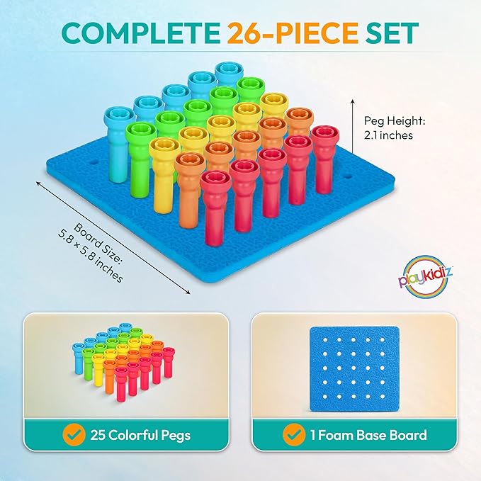 Play Build Kids Peg Board Building Set 26 Pieces - STEM Construction with Colorful Pegs & Shapes, Fine Motor Skills Learning Toy, Montessori Toddler Building Toys for Boys & Girls Age 3+