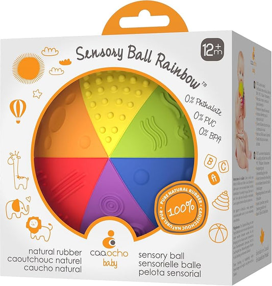 caaocho Pure Natural Rubber Sensory Ball Rainbow 4" - All Natural Sensory Toy, Promotes Sensory Development, Rainbow Colors, Perfect Bouncer, Gentle Squeaking, BPA Free, PVC Free, Food-Grade Paint