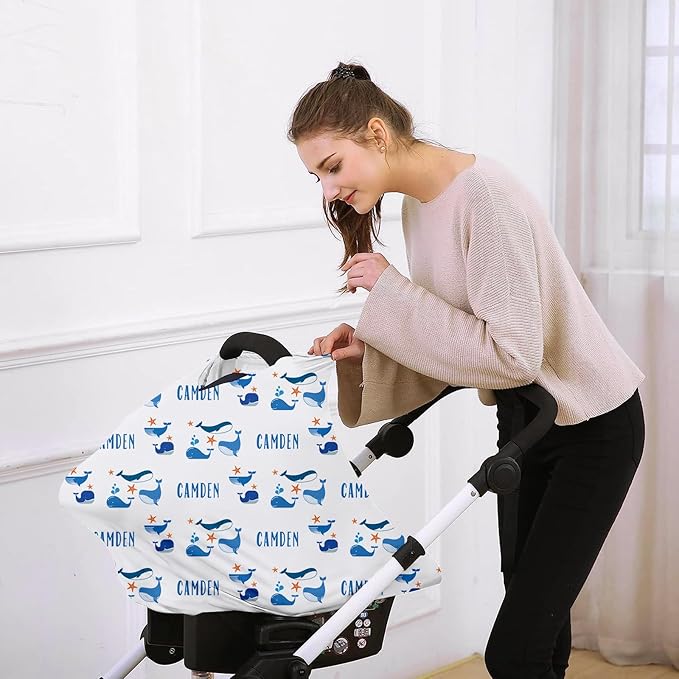 Personalised 7 in 1 Car Seat Cover for Girls and Boys - Multipurpose Breast Feeding Cover, Blue Whale Print Nursing Cover, Grocery Cart Cover - Birthday Gift for Babies(27"x29")