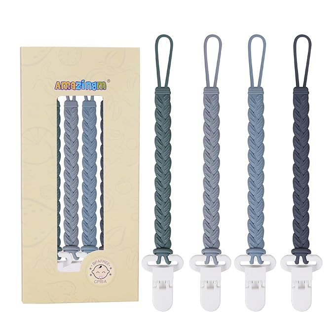 4 Pcs Gray Baby Silicone Teething Pacifier Clip,One-piece Design,Woven Shape,BPA Free.