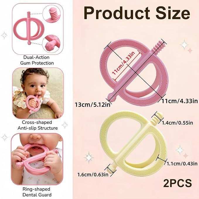 2-Pack Baby Teething Toys, Food Grade BPA-Free Silicone Baby Teether for 3-18 Months, Ring-Shaped Teething Toy for Babies, Multi-Textured Choke-Proof Easy Grip Teether for Infants (Pink&Yellow)