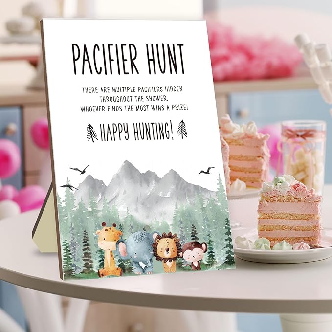 Baby Shower Games Set, Baby Pacifier Hunt Game, Baby Pacifier Hunt Jungle Animal Sign Wooden, 50 Mini Pink Acrylic Pacifiers and 50 Blue Pacifiers, Favorite Adults Kids Games for Baby Shower