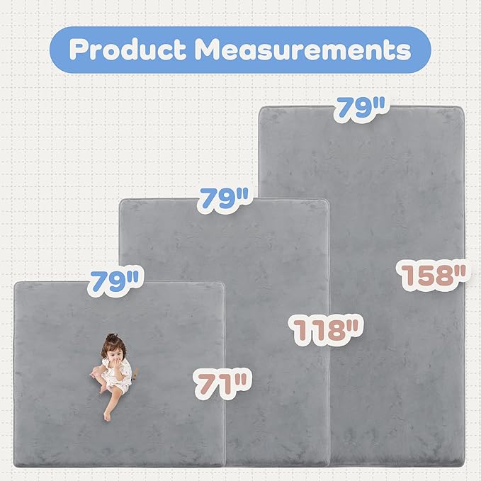 1.3" Thick Baby Floor Play Mat 71x79, Basic Padded Foam Mat for Tummy Time Crawling, Non Slip Cushioned for Babies Toddlers Infants Kids (Light Grey)