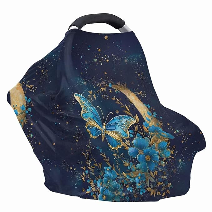Blue Butterfly Car Seat Canopy for Baby Girls,Floral Pattern Nursing Cover Elastic Breastfeeding Cover Soft Car Infant Seat Cover