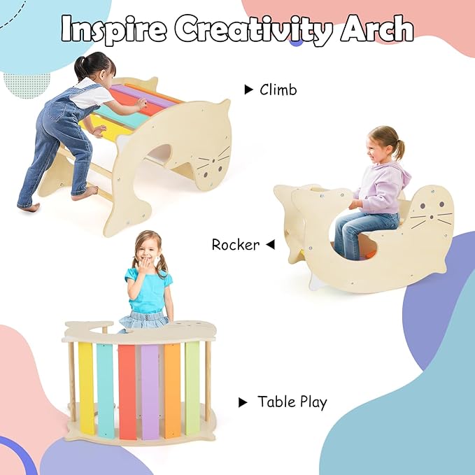 Olakids Pikler Triangle Set 7 in 1 Climbing Toys for Toddlers 1-3 Inside Foldable Wood Montessori Jungle Gym with Ramp Slide Arch Rocker Angle Adjustable Ladder Indoor Kids Playground Baby Climber
