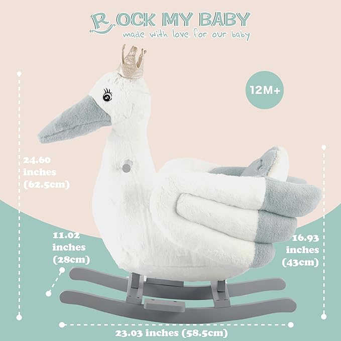 Rock My Baby Rocking Horse, Rocking Horse for Toddlers 1-3, Plush Rocking Horse with Seat, Wooden Gray Stork Ride-On Toy, (Gray Stork Bird), CPC Certified