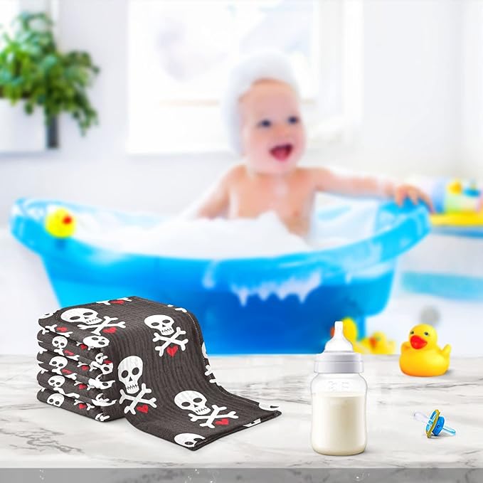 Baby Washcloths Cotton Skull Red Heart Baby Muslin Washcloths Soft Baby Face Towel for Newborn Infants Baby Wipes, 11.8 X 11.8 Inch, 5 Pack