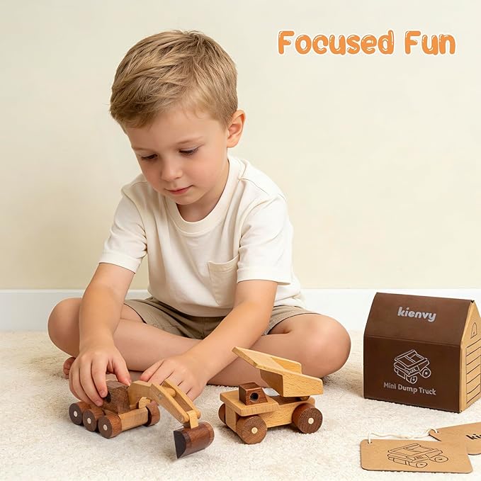 Wooden Toy Cars for 3 Year Old Boys & Girls - Construction Vehicles Set Push Toys for Toddlers, Wood Montessori Car with Rolling Wheels, Natural Wood Toys (Excavator & Dump Truck)