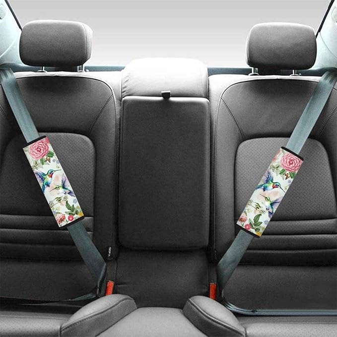 UNICEU Spring Flower Hummingbird Car Seat Belt Pads Cover, Neoprene Soft Car Seatbelt Shoulder Strap Covers Harness Pad for Car/Bag, 2 Packs