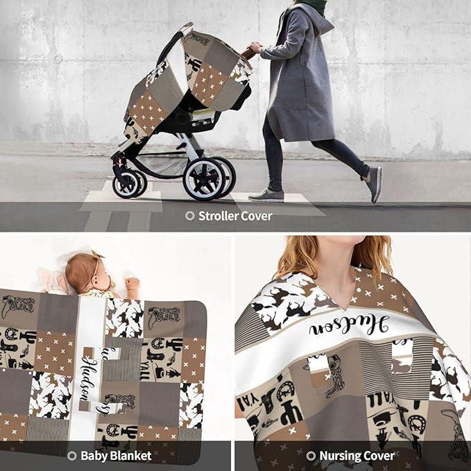 Personalized Baby Car Seat Canopy for Babies, Custom Name Car Seat Covers for Boys and Girls, Opening Minky Nursing Breastfeeding Cover for Infant, Carseat Canopies for Newborn (Cowboy)