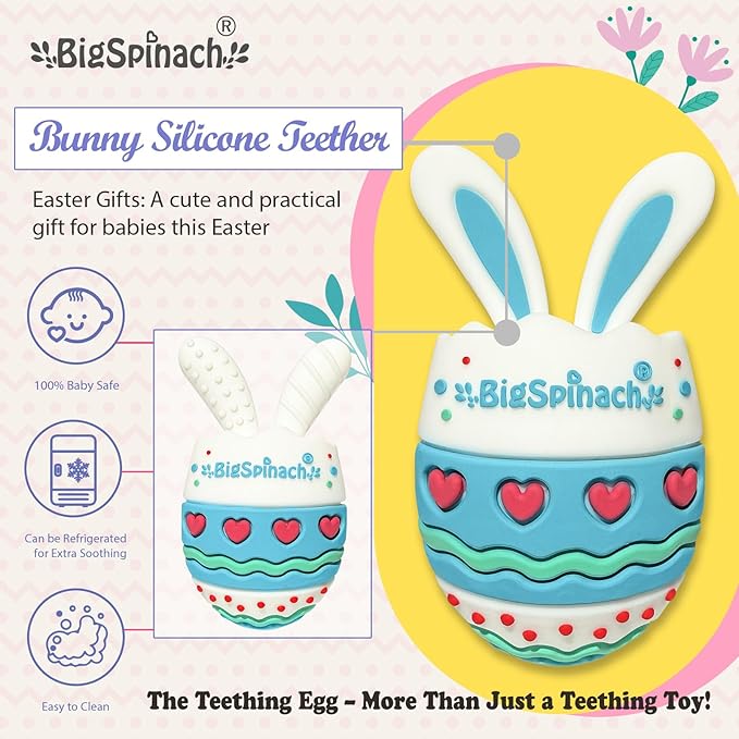 BIGSPINACH Easter Egg Baby Teether,Baby Teething Toy for Pain Relief,Silicone Bunny Rabbit Teether,Easter Gift for Babies,Sensory Toy for Boys & Girl (Baby Blue)