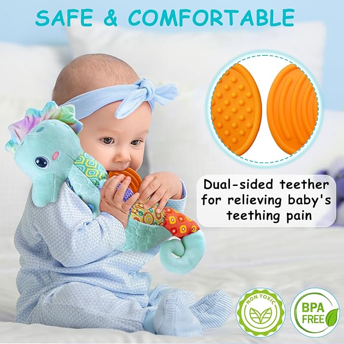 Fuzqq Baby Toys 0-6 Months,Musical Stuffed Animal Plush Toy with Rattle,Soft Newborn Toy for 0 3 6 9 12 Months Girls,Baby Boy Gift,Blue