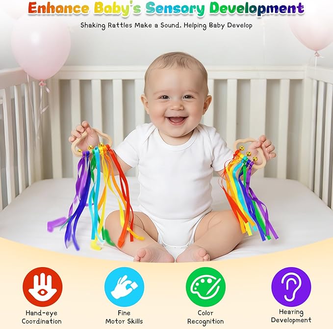 Baby Sensory Wooden Rattle Toys - 2PCS Rainbow Ribbon Ring Toys Wood Rattle Molar Circle Newborn Sensory Montessori Toy for Infant Babies Toddler