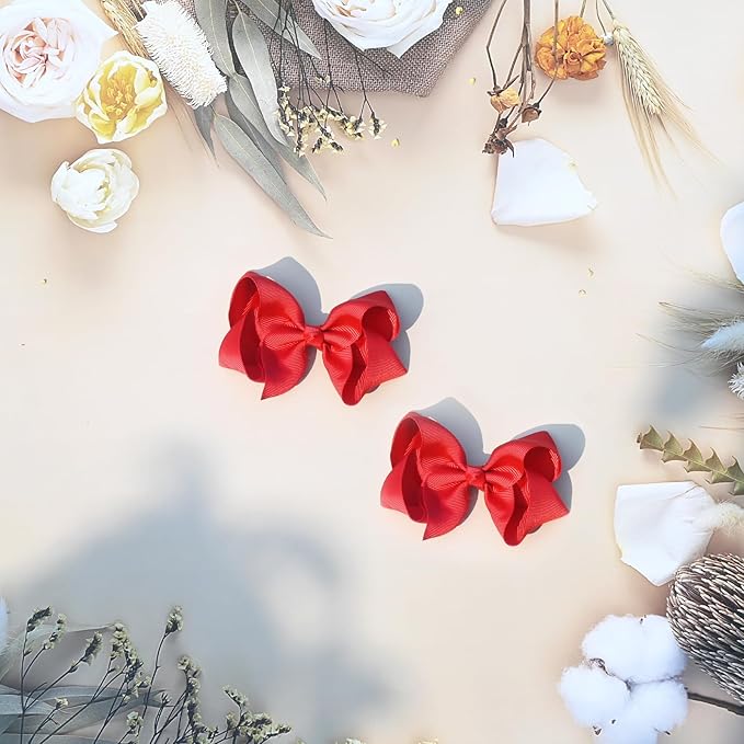 2 PCS 4.5inchs Hair Bows for Girls Grosgrain Ribbon Hair Bow Alligator Clips Hair Accessories for Baby Girls Toddlers(Red)