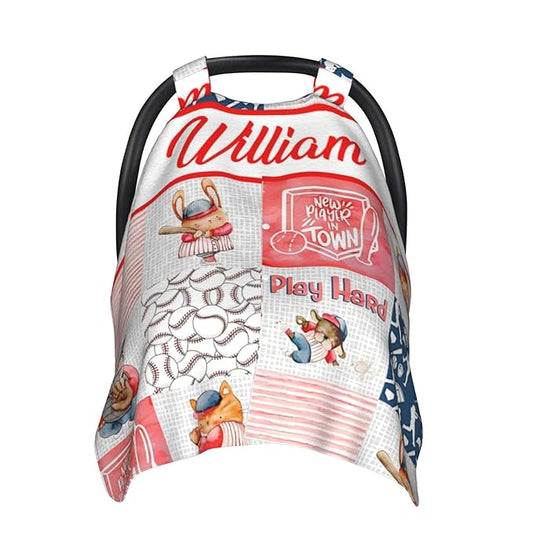 Personalized Baby Car Seat Canopy for Babies with Name, Custom Car Seat Covers for Boys Girls, Baseball Sports Nursing Breastfeeding Stroller Cover Infant Carseat Canopies for Newborn
