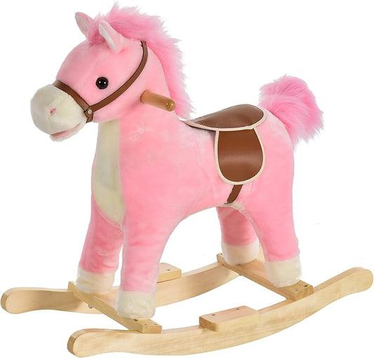 HOMCOM Children's Rocking Horse Baby Rocking Animal Horse with Animal Sounds Toy Handles for 36-72 Months Plush Pink 65 x 32.5 x 61 cm