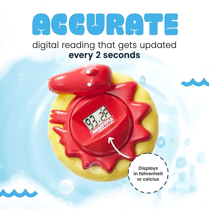 Aquatopia Charlie Crocodile Baby Bath Thermometer with Digital Audible Alarm, Floating Toy, Beeps Too Hot or Too Cold, Red