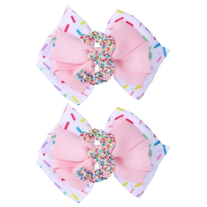 2pcs Birthday Hair Bow for Baby Girls, Sprinkle Confetti 3rd Birthday Decorations for Girls, Ice Cream Party Theme Bow Clips for Baby Girls Pink Hair, Happy 3rd Birthday Girl Hair Bow Clips