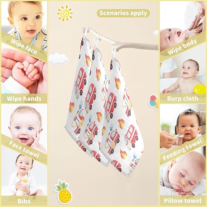 vvfelixl Fire Department Funny Cars Baby Burp Cloths, Baby Muslin Washcloths for Boys Girls, Cotton Baby Face Towel for Newborn Infants Soft and Absorbent 11.8 X 11.8 in, 5 Pack