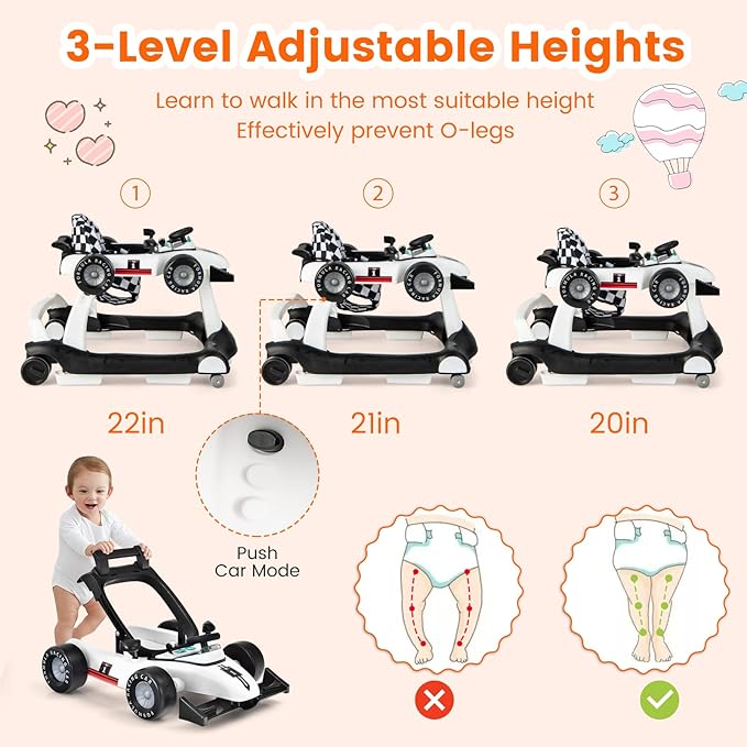 HOMGX Baby Walker with Wheels, Convertible Baby Push Walker & Race Car Mode, Infant Activity Center with Music Box, 3 Heights & 2 Speeds, Foldable Walkers for 6-18 Months (White)