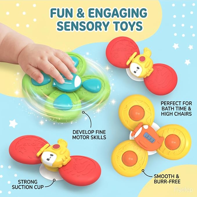 Baby Spinner Toys with Suction Cups | 2-in-1 Travel Sensory Toy for 12-36 Months | Quiet High Chair Toy for Toddlers 1-3 | Stay-On Spinner for Car Seat & Stroller Trays (Sturdy Safety Design)