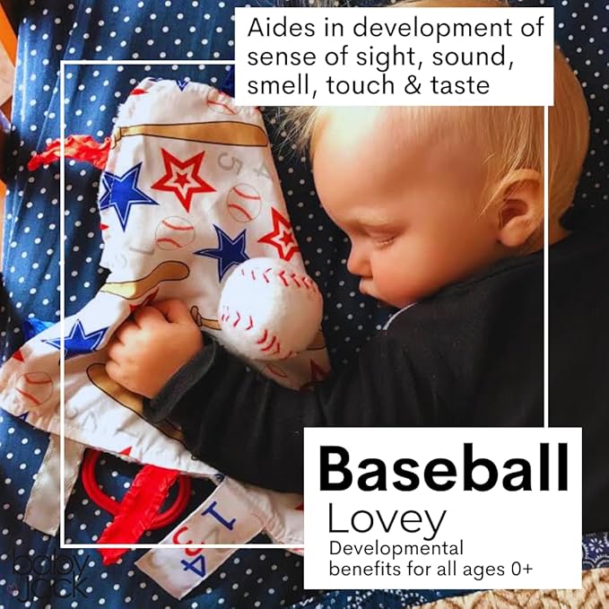 Baby Jack & Co. Sensory, Educational & Closed Ribbon Tag Lovey Blanket with Security Plush: 10"X10" (Baseball)