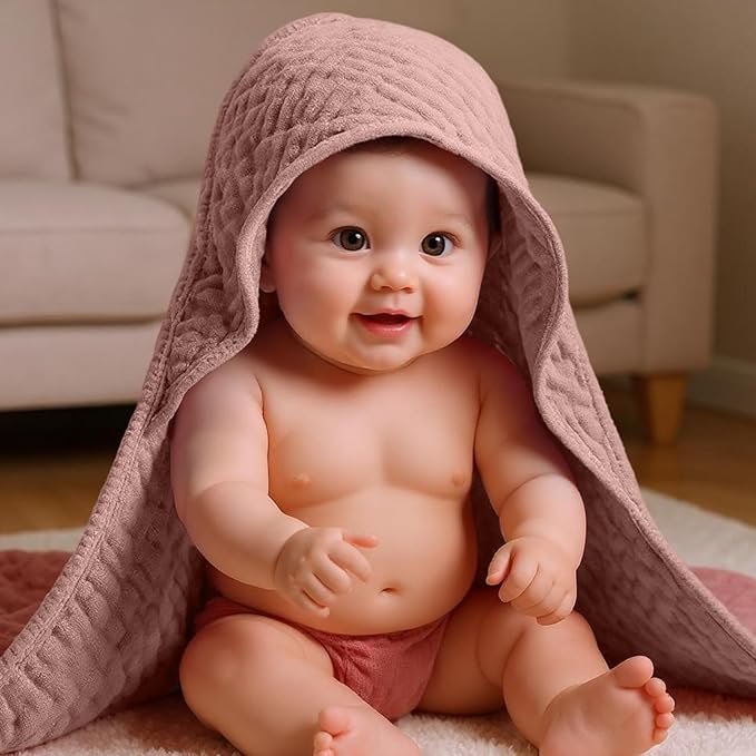 Peryiter 6 Pcs Muslin Hooded Baby Towels, 32"x 32" Cotton Newborn Bath Towel Muslin Infant Baby Blankets Absorbent Unisex Newborn Registry Gift Essentials for Girls Boys (Brown and Pink Series)